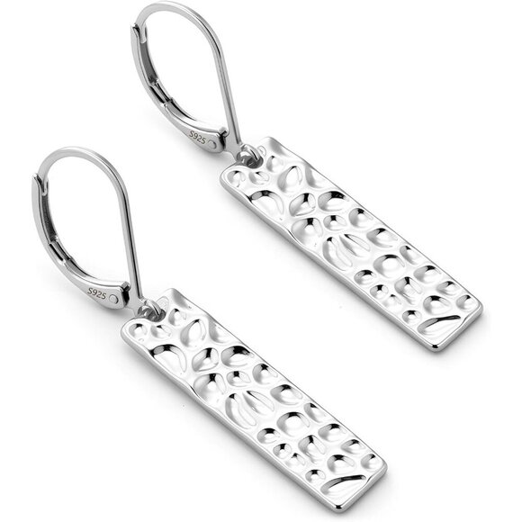 925 Sterling Silver French Lightweight Square Bar Long Drop Leverback Earring - Picture 5 of 7